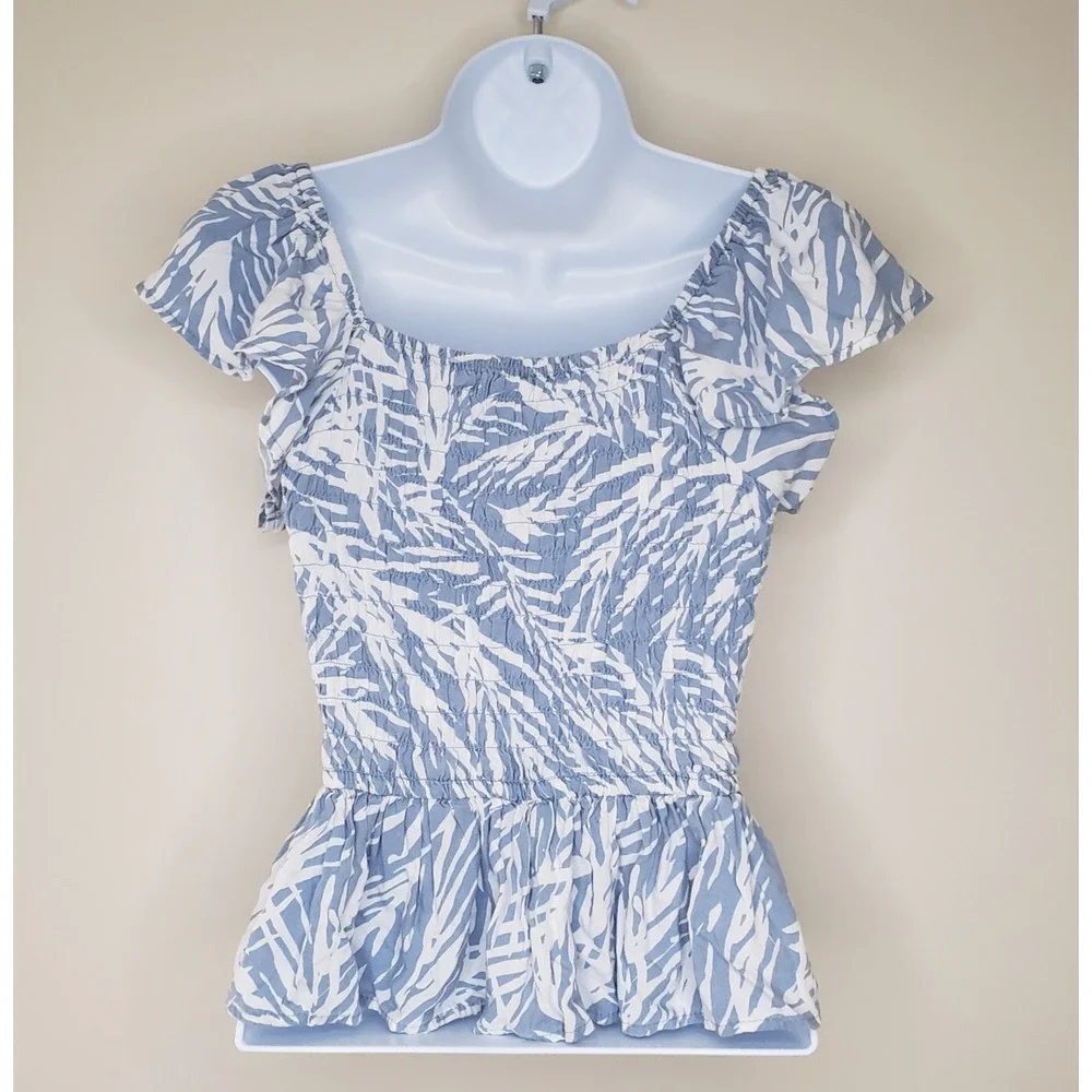 Japna Flutter Sleeve Crop Top Size S Shirred Boho Tropical Beachy Coastal Blue - Picture 4 of 10